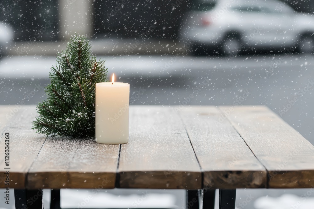 Aufkleber rustic winter dinner setup with pine and candle centerpiece while snow is falling