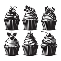 Set of black cupcakes silhouette vector illustration