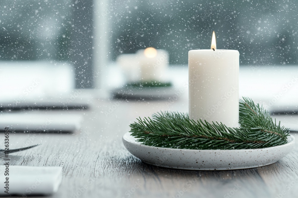 Aufkleber rustic winter dinner setup with pine and candle centerpiece as snow is falling