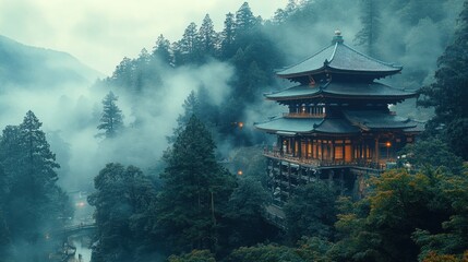 Enchanting mountain temple surrounded by misty trees at dawn in a serene landscape