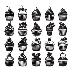 Set of black cupcakes silhouette vector illustration