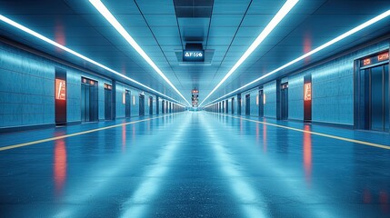Obraz premium Modern underground station with bright neon lights and reflective floor creating a vibrant atmosphere during evening hours
