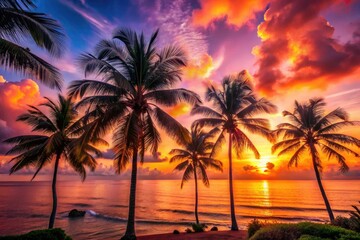 Stunning Sunset Palm Tree Photography: Tropical Paradise Beach Scene Image