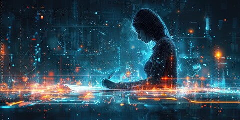 Engineer creates digital blueprints in a modern workspace during evening hours