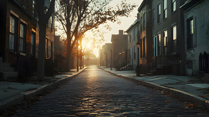 Obraz premium a street with a brick sidewalk and a tree with the sun setting behind it. Generative AI