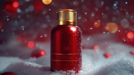 Festive Red Perfume Bottle In Snowy Scene