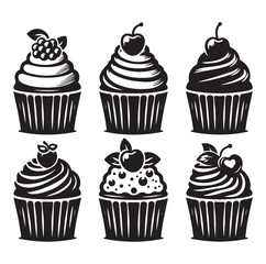 Set of black cupcakes silhouette vector illustration