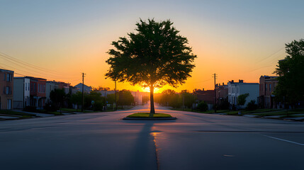 a tree in a parking lot with the sun setting behind it. Generative AI