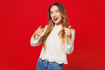 Young confident leader happy Caucasian woman wear white blouse casual clothes point index finger...