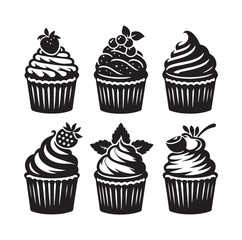 Set of black cupcakes silhouette vector illustration