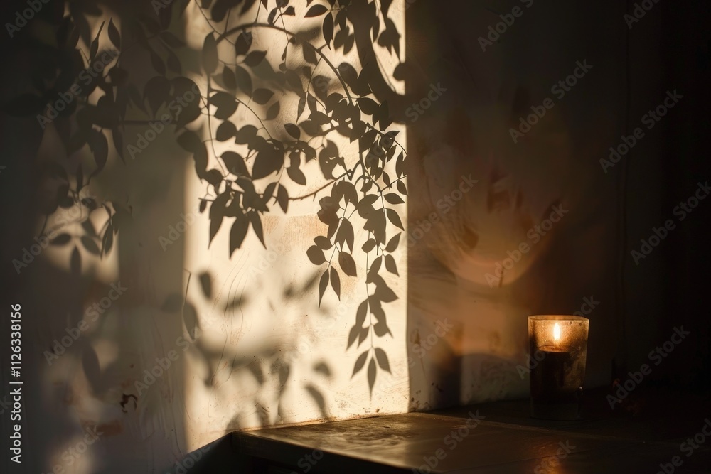 Poster candlelight casts delicate shadows of leaves on a wall in a cozy setting during the evening hours wi