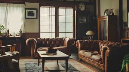 a living room with a couch, coffee table, and a clock on the wall. Generative AI