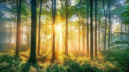 Fototapeta premium Foggy forest at sunrise, light peeking through dense trees, creating a mystical glow