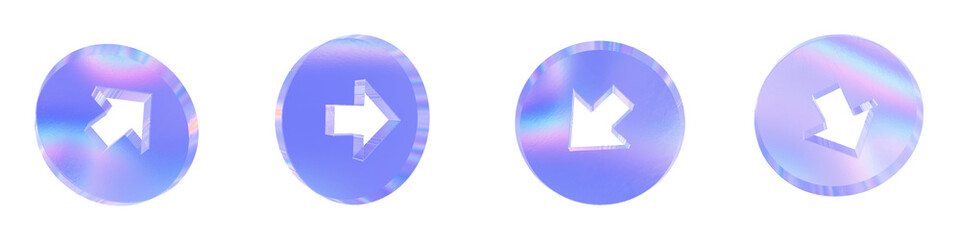 Set of 4 3d glass round arrow shape style 2 with aberration effect isolated on a transparent background. Blue tone. 3d transparent elements for graphic design.