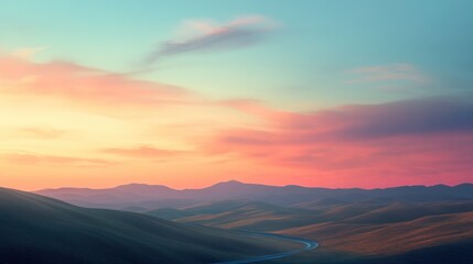 Fototapeta premium A serene landscape at sunset with rolling hills and a winding road under a colorful sky.