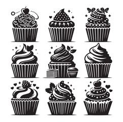 Set of black cupcakes silhouette vector illustration