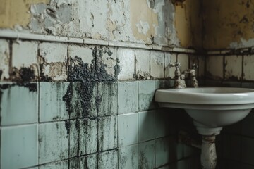 Investigating black mold growth on damp wall in an abandoned bathroom detailed image for health awareness and environmental concerns indoor perspective mold inspection concept