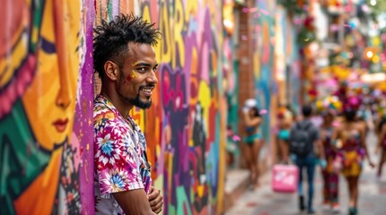 Carnival in Brazil. Joyful young man posing against colorful graffiti wall during Brazilian carnival street celebration