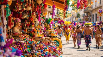 Fototapeta premium Carnival in Brazil. Vibrant market stall filled with colorful crafts during Brazilian carnival street celebration