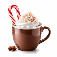Festive Hot Chocolate with Whipped Cream and Candy Cane  Christmas Drink in Brown Mug