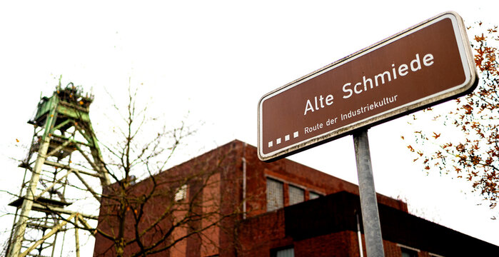 dortmund, North Rhine Westphalia., germany - 29 11 2024: the dortmunder alte schmiede route der industriekultur sign panorama