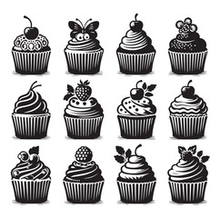 Set of black cupcakes silhouette vector illustration