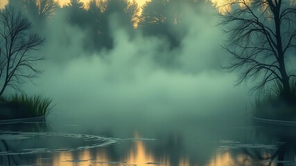 Fototapeta premium Mysterious green mist rising from a tranquil pond at dawn, peaceful atmosphere, serene landscape, forest backdrop