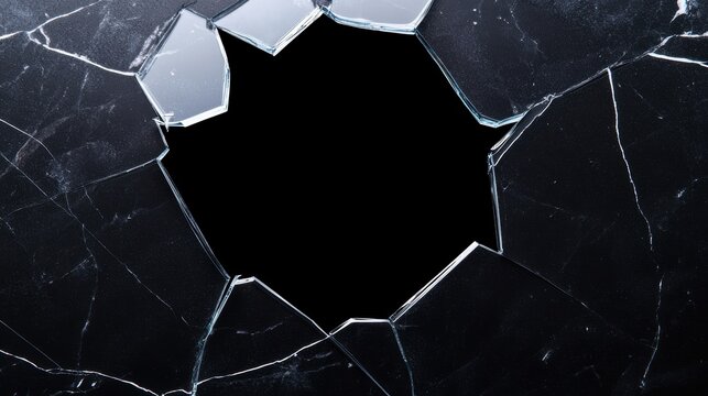 A shattered glass pane with a large hole in the center, surrounded by jagged edges, creating a dramatic and striking visual effect.