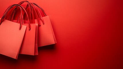 Red paper shopping bags with matching handles on a red background