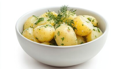 A bowl of boiled potatoes garnished with herbs.