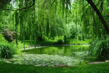 Tranquil garden pond surrounded by lush greenery and blooming lily pads on a sunny day in a serene natural setting