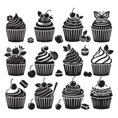 Set of black cupcakes silhouette vector illustration