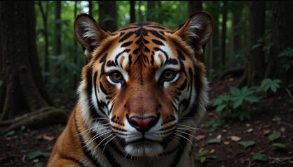 Obraz premium Majestic tiger gazes intensely in lush forest surroundings, capturing the raw beauty of wildlife in its natural habitat