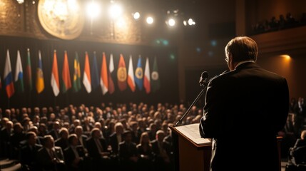 Speaker addressing large audience at international conference.