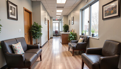 Fototapeta premium Welcoming modern office interior with comfortable seating and natural light enhancing the workspace ambiance