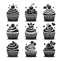 Set of black cupcakes silhouette vector illustration