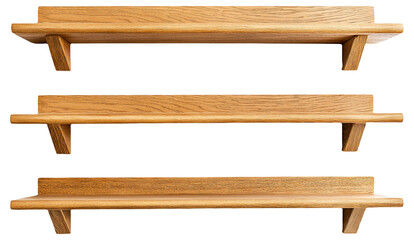 Obraz premium Three wooden shelves mounted on a white wall