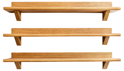 Three wooden shelves mounted on a white wall