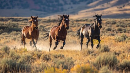 three wild horses running 
