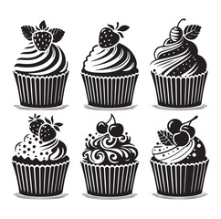 Set of black cupcakes silhouette vector illustration