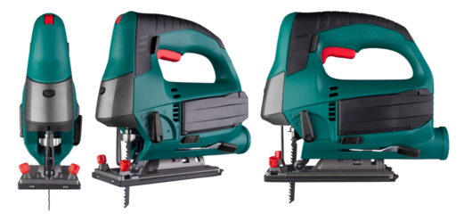 Set collection green blue pendulum stroke electrical jigsaw in various angles isolated on white background. industry  power machine and woodworking equipment concept