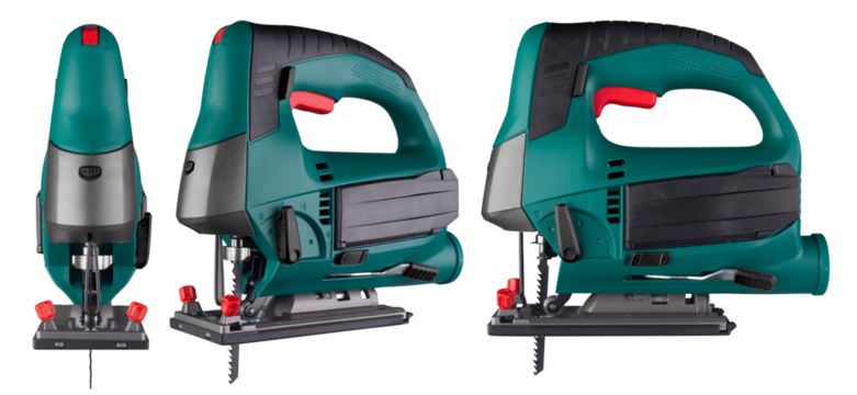 Set collection green blue pendulum stroke electrical jigsaw in various angles isolated on white background. industry  power machine and woodworking equipment concept