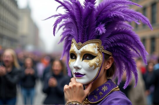 Caucasian female in elaborate purple feathered carnival mask at outdoor festival