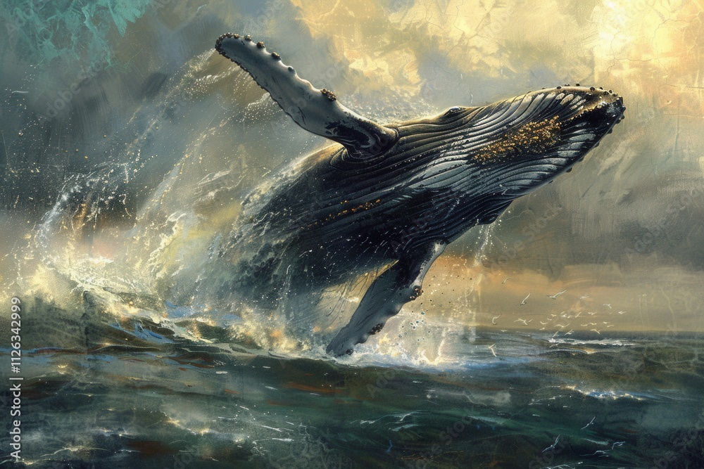 Poster humpback whale breaches the ocean surface in misty waters while showcasing its immense size and grac