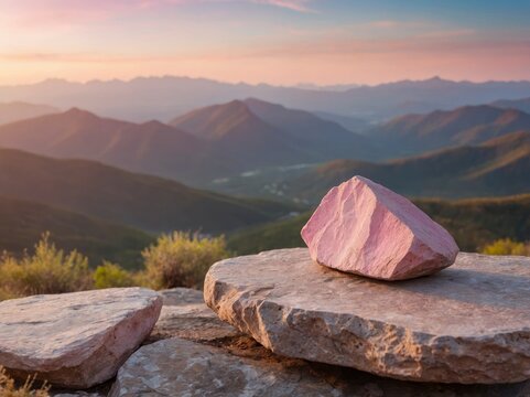 Rock podium table top with outdoor mountains pink pastel color scene nature landscape at sunrise blur background.Natural beauty