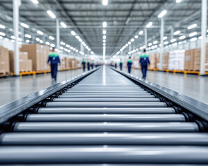 Obraz premium A conveyor belt in a factory with people walking on it