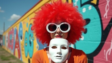 Woman with red afro wig holding a white mask in front of colorful mural