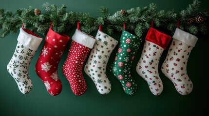 Festive stockings hang cheerfully on a wall adorned with holiday greenery in a cozy setting