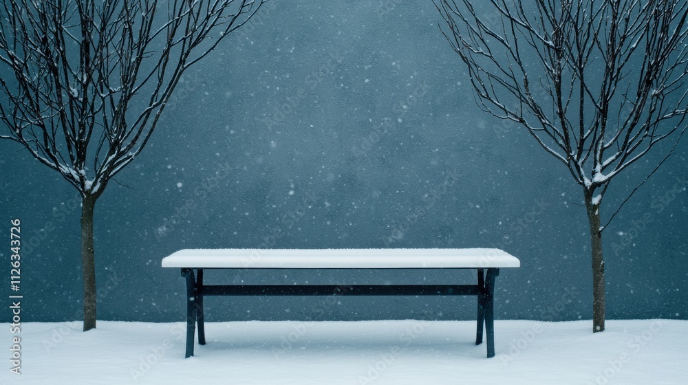 Poster Snow falling on table in winter garden setting
