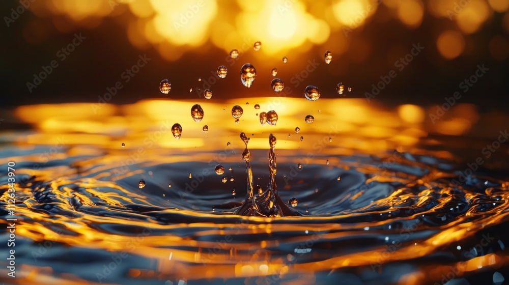 Poster golden sunlight illuminates water droplets cascading from a smooth surface, creating mesmerizing rip